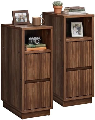 CHOEZON 8.7" Narrow Nightstand Set of 2, Small Bedside Table with Drawers, Skinny Side Table, Modern Nightstand with 1 Semi-Open Shelf, Floating End Table, for Living Room, Bedroom, Walnut MBZ12P2HT