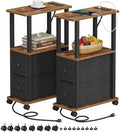 TUTOTAK Small Narrow End Tables, Side Tables with 2 Fabric Drawers, Set of 2, Bedside Tables with Charging Station for Small Spaces, Slim Nightstands with USB Ports and Wheels, TB01BB053