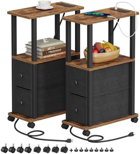 TUTOTAK Small Narrow End Tables, Side Tables with 2 Fabric Drawers, Set of 2, Bedside Tables with Charging Station for Small Spaces, Slim Nightstands with USB Ports and Wheels, TB01BB053