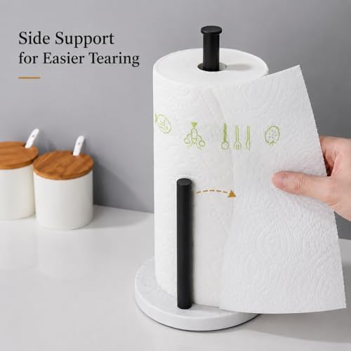 Matte Black Paper Towel Holder for Kitchen Countertop, 304 Stainless Steel Roll Dispenser with White Engineered Marble Weighted Base, Freestanding Paper Towel Stand for Standard Rolls