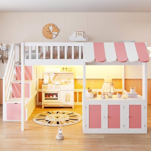 LUMISOL Full Size Loft Bed with Storage Steps and Under Bed Cabinets, Playhouse Loft Bed Frame with LED Light, White+Pink