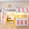 LUMISOL Full Size Loft Bed with Storage Steps and Under Bed Cabinets, Playhouse Loft Bed Frame with LED Light, White+Pink