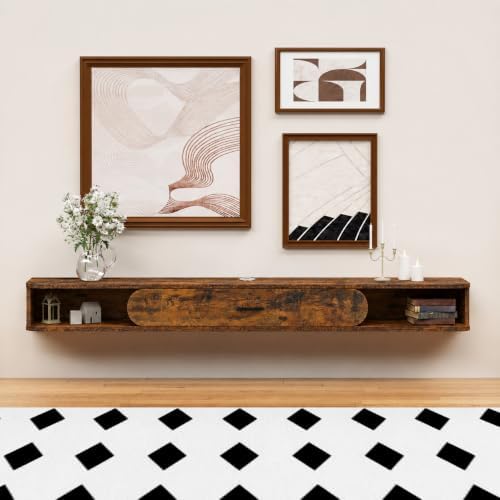 GHC Floating TV Stand, 70'' Wall Mounted TV Cabinet, Floating Shelves with Door, Media Console for DVD Player, Space-Saving Under TV Shelf for Bedroom & Living Room (Rustic Brown)