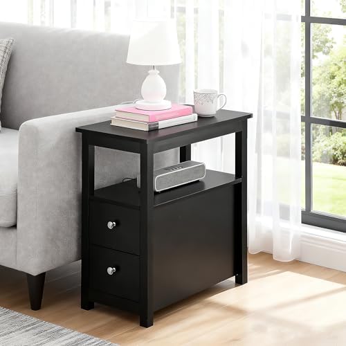 SUPER DEAL End Table Set of 2, Narrow Side Table with 2 Drawers and Storage Shelf, 3 Tier Sofa Table Couch SideTable for Living Room Bedroom Apartment Small Spaces, Black