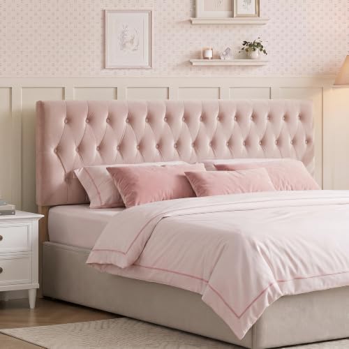 Kingfun Tufted Upholstered Queen Size Bed Headboard in Modern Button Design, Adjustable Solid Wood Head Board, Premium Velvet Fabric Padded Headboards in Bedroom (Pink)