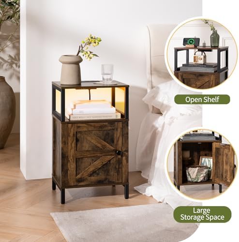 Yoobure Farmhouse Nightstand with Charging Station, Night Stand Barn Door