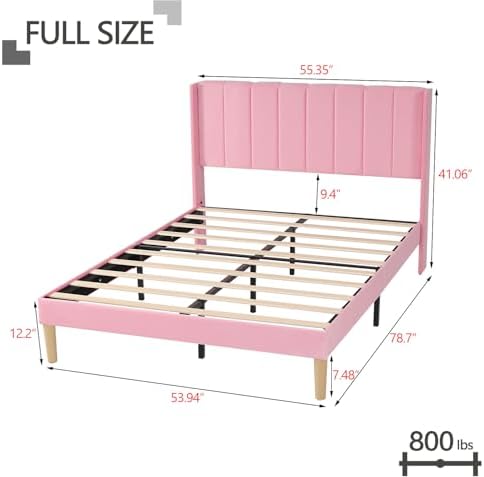 Full Size Bed Frame with Velvet Upholstered Headboard, Pink