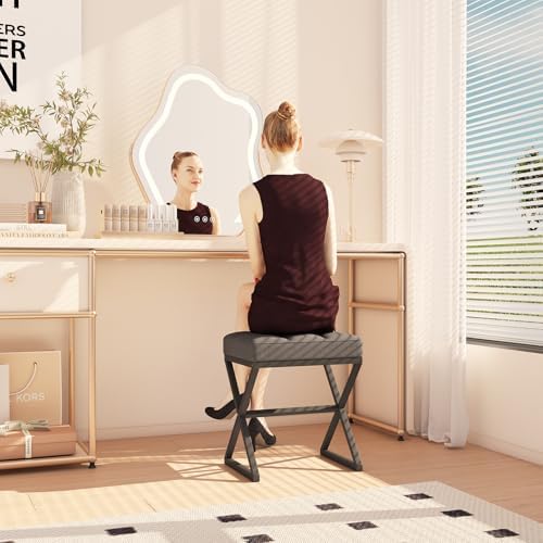 YMYNY Vanity Stool, Linen Footrest, Ottoman Bench with X-Shaped Metal Legs, Makeup Dressing Stool for Vanity, Living Room, Bedroom, Entryway, Hallways 15.74" D×11.81" W×18.11" H Grey UHBD033G