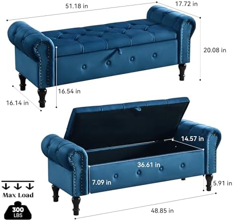 Storage Bench 51" Velvet End of Bed Benches Navy Blue