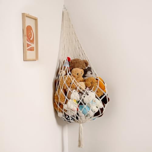 Amdermi Stuffed Animal Storage Organizers Toy Hammock Corner Hanging Net Stuffy Animal Hammock Macrame Toy Display Plush Toy Holder Wall, Kid Bedroom Decor Boho Nursery Playroom Organizer (Cream XL)