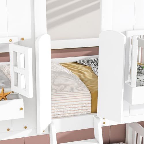 Twin Over Twin House Bunk Bed with Roof and Window, White