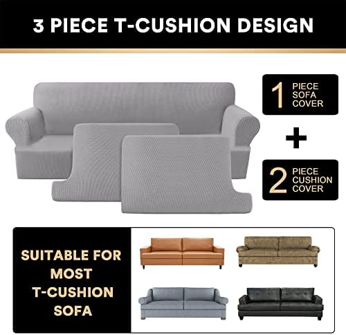 PrinceDeco T Cushion Sofa Slipcover 3 Pieces Sofa Covers for T Cushion Couch Soft Couch Covers Sofa Slip Cover Furniture Covers with 2 Individual T Shape Seat Covers Width Up to 88", Dove