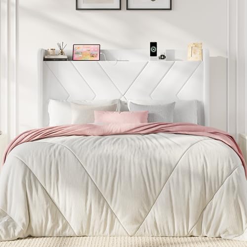 SHA CERLIN Queen Bed Frame, Velvet Upholstered Platform Bed Frame with Wingback Storage Headboard & Charging Station, Geometric Tufted Design, No Box Spring Needed, Easy Assembly, White