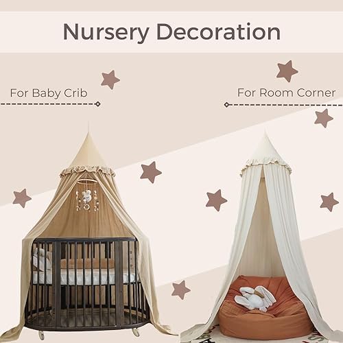 Wonder Space Kids Bed Canopy with Ruffles, Pastel Neutral Color for Boys & Girls, Frilled Cotton Tent Nursery Room Baby Crib Hanging Curtain Mosquito Netting Children Reading Nook Decoration (Khaki)