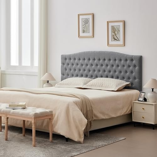 Tufted Tall King Size Headboard, Linen Button Diamond Headboards, Gray