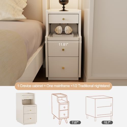 AQIMUELE Solid Wood Narrow Nightstand with 3 Drawers,Creamy White 11.8"