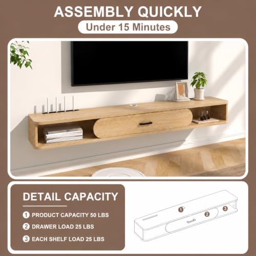 GHC Floating TV Stand, 65'' Wall Mounted TV Cabinet, Floating Shelves with Door, Media Console for DVD Player, Space-Saving Under TV Shelf for Bedroom & Living Room (Oak)