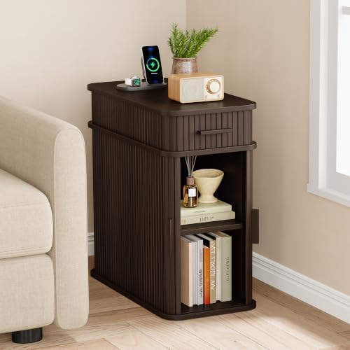 ONRBRILL Fluted End Table, Narrow Side Table, 23.62" H, Dark Brown