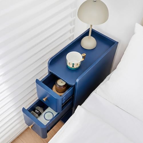 FurSch Narrow Nightstand, Wooden 2 Drawer, Slim Side End Table, Blue, 1 pc