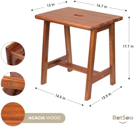 Rectangular Acacia Wood Stool (16.7"D x 13"W x 17.7"H) - Small Bench Seat, End Table, Bathroom, Plant, Makeup Stool - Perfect for Living Room, Bathroom (Light Brown)