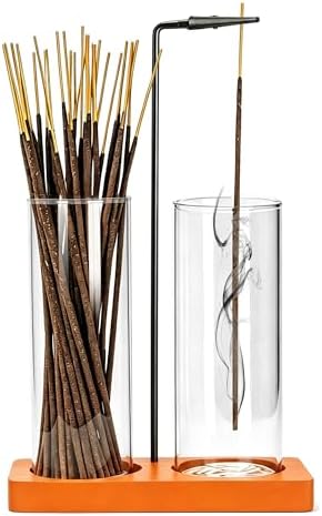 2 in 1 Incense Holder for Sticks Incense Burner Holder with Storage,Glass Upside Down Incense Holder for Sticks with Glass Ash Catcher for Meditation Yoga Spa Room Home Decor[2 Long Orange]