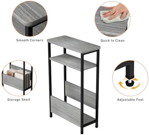 THUMEYE 7.1" Narrow Side Table for Small Spaces, 3 Tier Small End Table with Magazine Holder, Slim/Skinny Nightstand/Bedside Table for Living Room, Bedroom, 15.4" L x 24.2" H, Gray