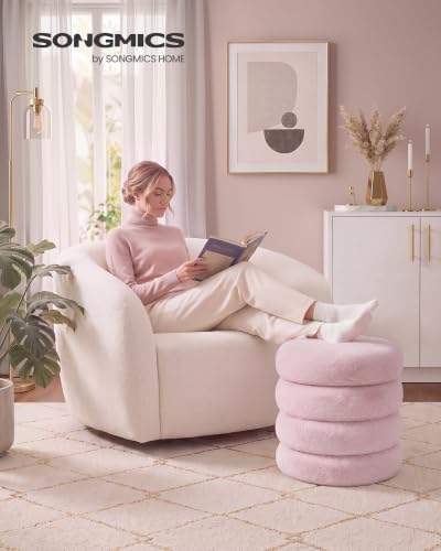 SONGMICS Round Ottoman with Storage, Vanity Stool, Plush Fabric