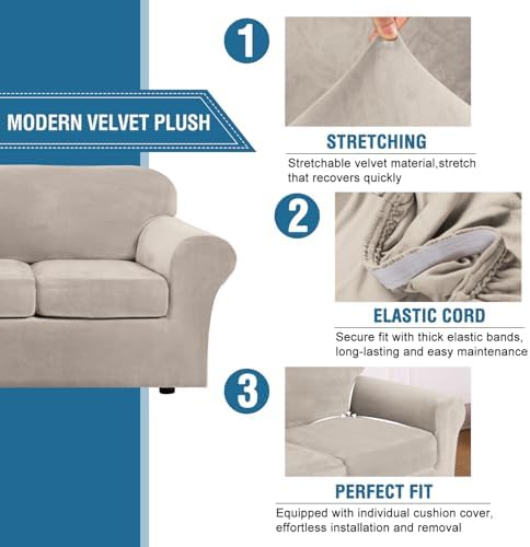 H.VERSAILTEX Rich Velvet Stretch 2 Piece Cover Chair Slipcover Sofa Cover Furniture Protector Couch Soft with Elastic Bottom Chair Couch Cover Width Up to 49 Inch (Chair, French Oak)