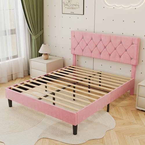 VECELO Full Size Bed Frame with Diamond Tufted Headboard, Upholstered Platform Bedframe with Wood Slat Support, No Box Spring Needed, Mauve Pink