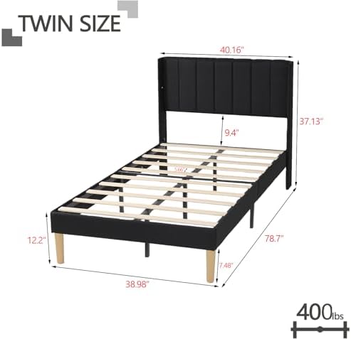 Twin Size Bed Frame with Linen Upholstered Headboard, Black