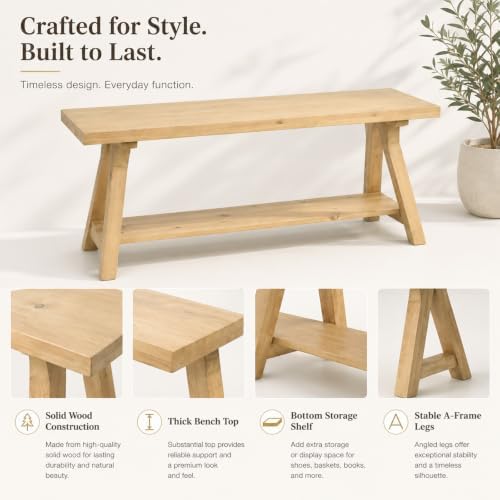 Solid Wood Entryway Bench 43'' Farmhouse with Bottom Storage Shelf