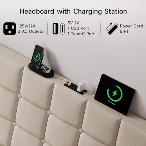 ONBRILL Ergonomic Headboard Queen Size with Charging Station, Off White