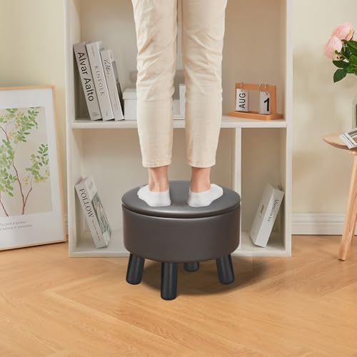 Small Foot Stool Ottoman with Storage, Faux Leather Ottoman Foot Rest for Couch, Round Footstool Ottomans for Living Room (Black)