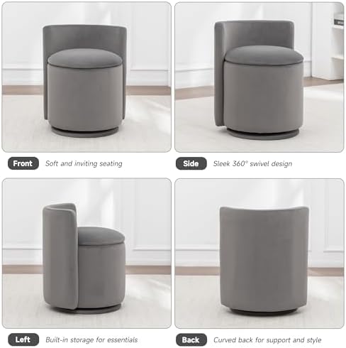 MINCETA Vanity Chair with Storage, 360° Swivel Accent Chair, Gray