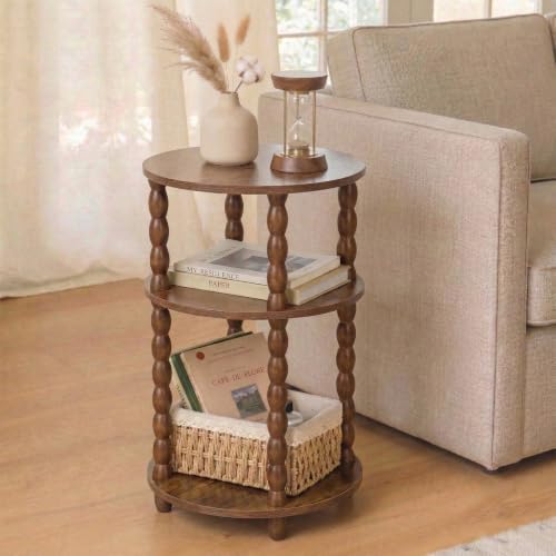 3-Tier Round Side Table, Small End Table with Solid Wood Spindle Legs Brown