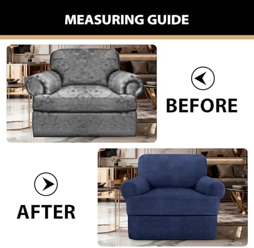Sofa Cover 2 Pieces T Cushion Chair Covers with Arms Super Stretch Chair Slipcover for Living Room,Slip Cover Anti Slip Armchair Furniture Protector Pet Universal(Navy, 1 Cushion)