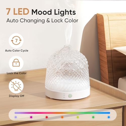 Lecdura Glass Essential Oil Diffuser, 200ml Ultrasonic Aroma Diffusers with Glass Reservoir Dome & White Plastic Base Lock Color Auto-Off Timer 7 Color Light for Home Office Bedroom Yoga