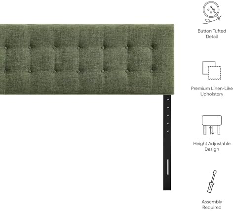 Modway Emily King Size Fabric Headboard in Foliage - Linen-Like Upholstery with Button Tufting and 7 Adjustable Height Positions