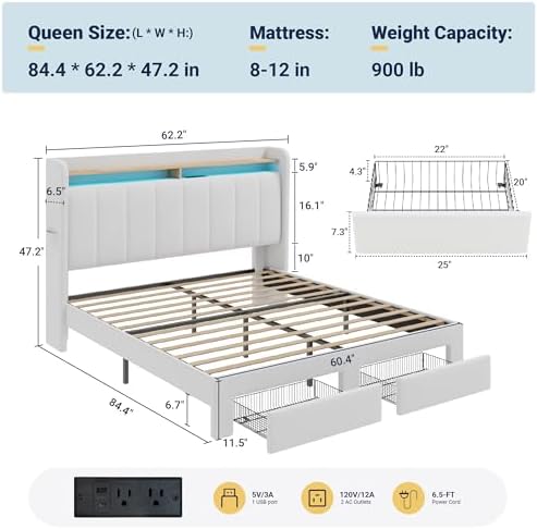 Allewie Queen Bed Frame with 2-Tier Storage Headboard & 2 Large Drawers