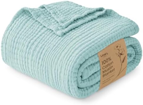Love's cabin 100% Cotton Muslin Blanket Throw for Couch, Cyan