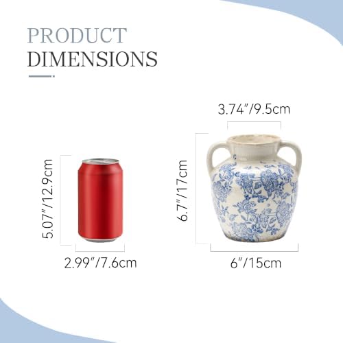Ceramic Vase with Handles, Vintage Utensil Holder, Flower Decorative Vase Chinoiserie Decor Rustic Farmhouse Retro Floral Vases for Table Bookshelf Mantel Kitchen Living Room Office - 6.7” Blue 018