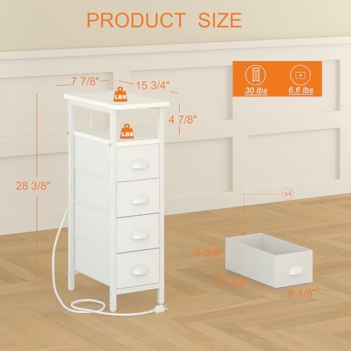 sthmec Side Table with Charging Station, Narrow End Table with 4 Drawers, LED Nightstands with Fabric Drawers,Slim Sofa Couch Side Tables for Small Spaces,Living Room,Bedroom, White