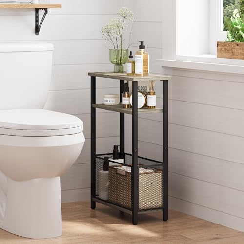 MMEOLUOOK Narrow Side Table with Storage Basket Skinny End Tables for Smalls Spaces 3 Tier Sofa Table Small Nightstand Slim Bedside Table for Living Room Bedroom Oak MLBZ22Q