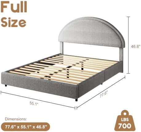 REVOMINCA Full Size Bed Frame, Upholstered Platform Bed with Headboard, Boucle Bed Frame with Round Corner, No Box Spring Required, Easy Assembly, Grey
