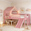 Bellemave Twin Loft Bed with Slide and Ladders, Solid Wood Low Loft Bed with Tray, Lights, Playhouse Roof, House Loftbed Frame for Kids, Boys, Girls, Childlike and No Box Spring Needed Design, Pink