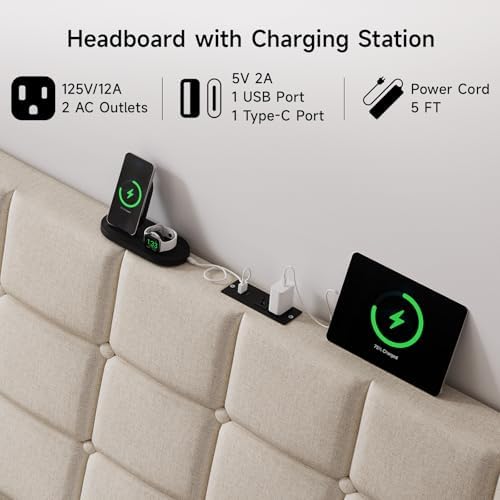 ONBRILL Ergonomic Headboard Full Size with Charging Station, Off White