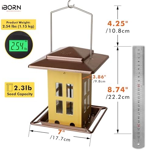 iBorn Bird Feeders for Outdoors, Metal Bird Feeder, Wild Bird Feeders for Cardinal, 2.3LBS Capacity,18cm Large Roof, Lantern Style, Black (Muted Yellow)