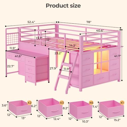 Low Loft Bed Twin Size with Desk, 12 Storage Drawers, Window, Pink