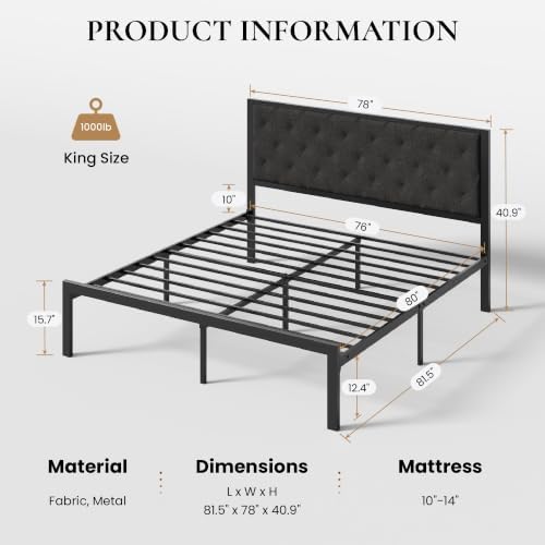 SHA CERLIN King Size Metal Bed Frame with Linen Tufted Headboard, Dark Gray