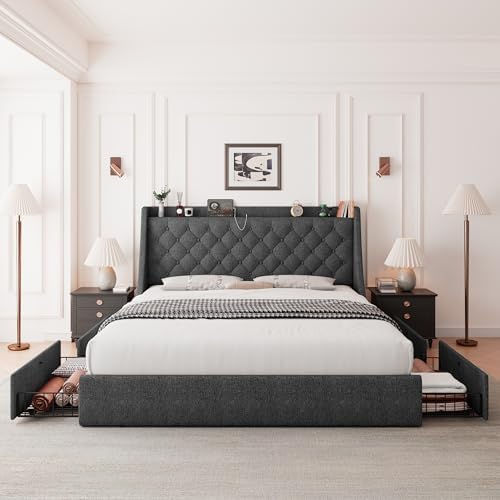Feonase Queen Bed Frame with 4 Storage Drawers, Upholstered Storage Bed with Charging Station, Tufted Wingback Headboard, No Box Spring Needed, Dark Grey